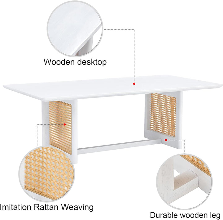 Modern Imitation Rattan Coffee Table, Rectangular Solid Wood, A-white