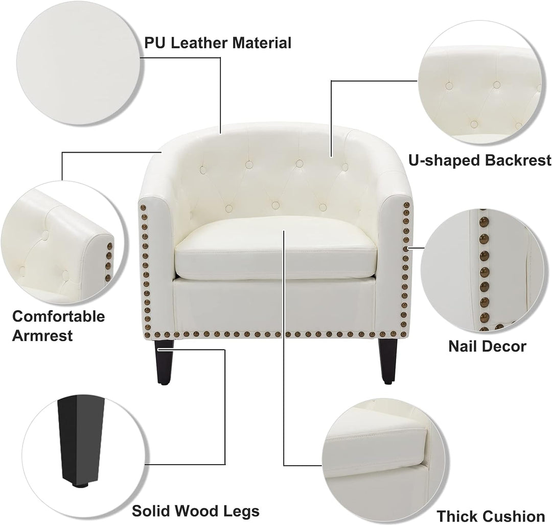 Armchair Barrel Club Chair,Modern PU Leather Accent Chair Arm Club Chair w/Nailheads and Solid Wood Legs,Tub Barrel Style Lounge Chair for Living Room Bedroom Reception Room (White)