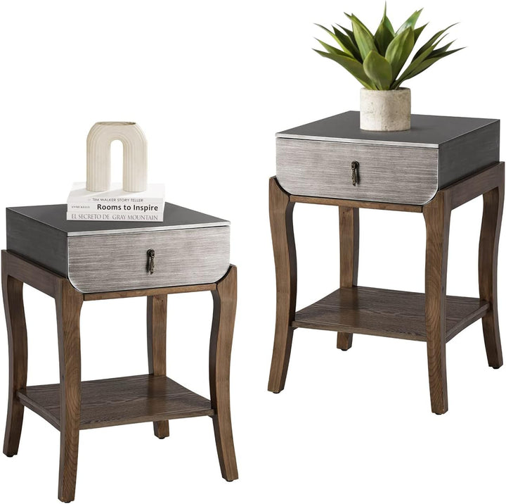 2-Tier Farmhouse Bedside Table, Wood Accent End Table