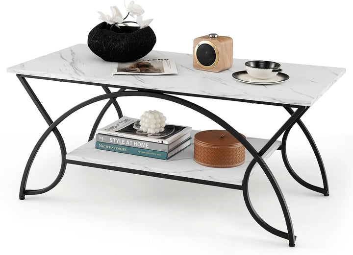 COSTWAY 2-Tier Coffee Table, Modern Faux Marble Accent Table, White, Black