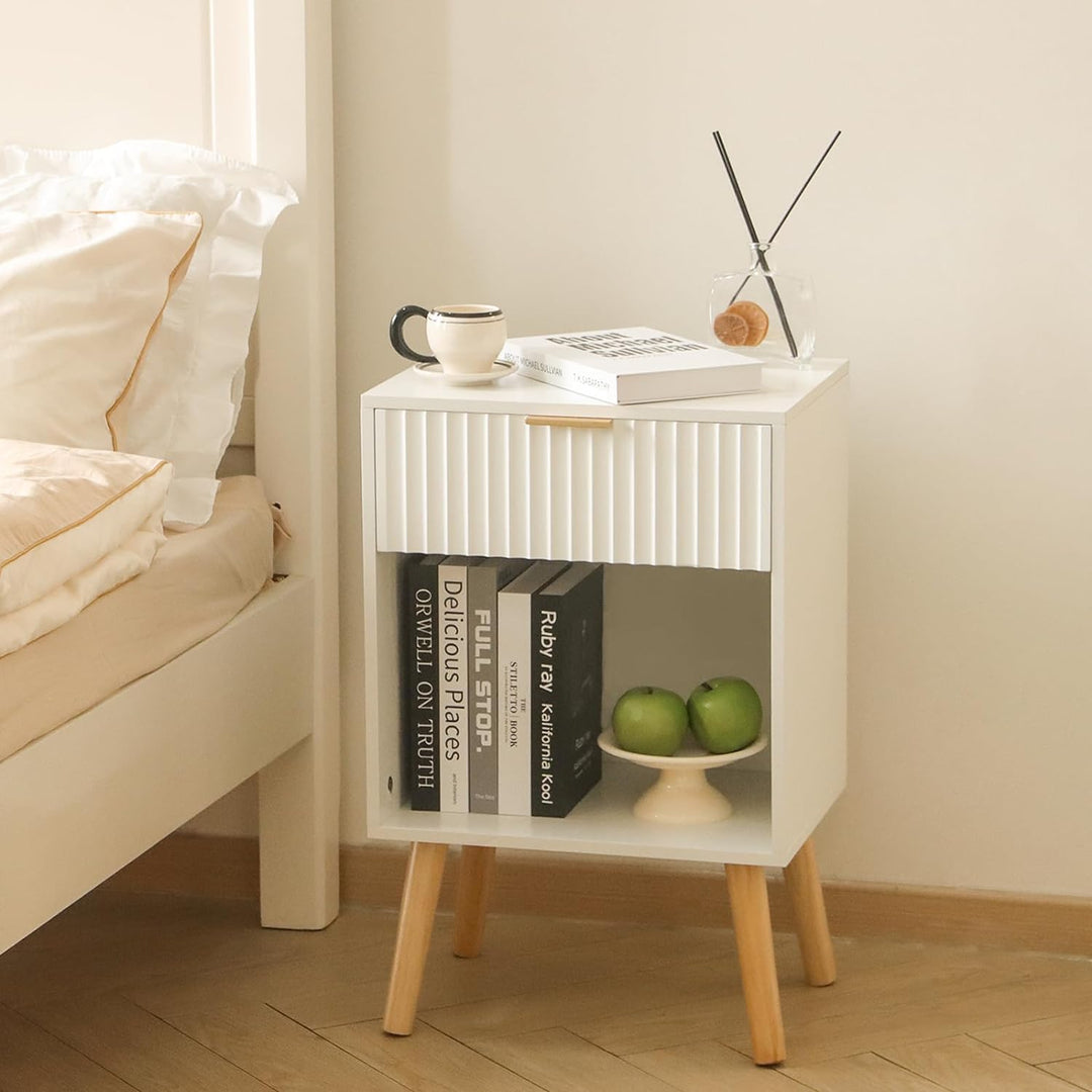 White Nightstand, Modern Bedside Table with Drawer Storage