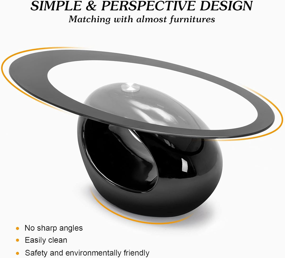 Oval Glass Coffee Table, High Gloss Hollow Base, Black