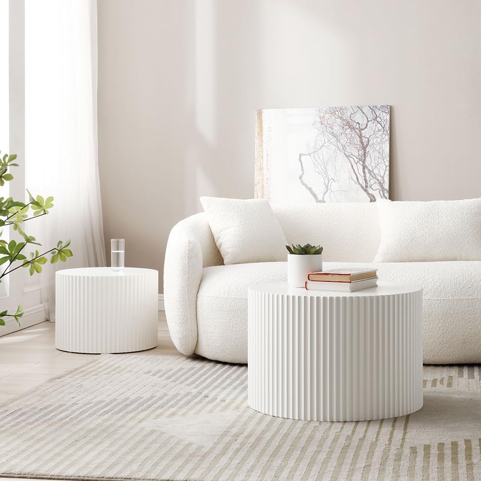 Modern Nesting Coffee Table Set, White Round End Tables