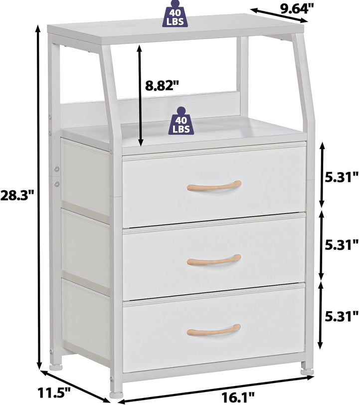 White Nightstand 3 Drawers 2-Tier Shelf Sturdy