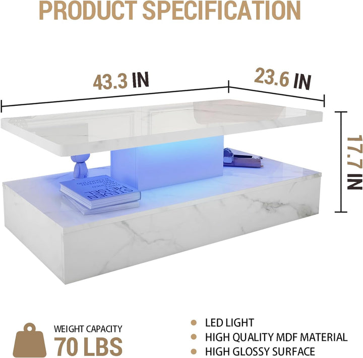 LED Coffee Table, Modern Marble Coffee Table with High Gloss Surface