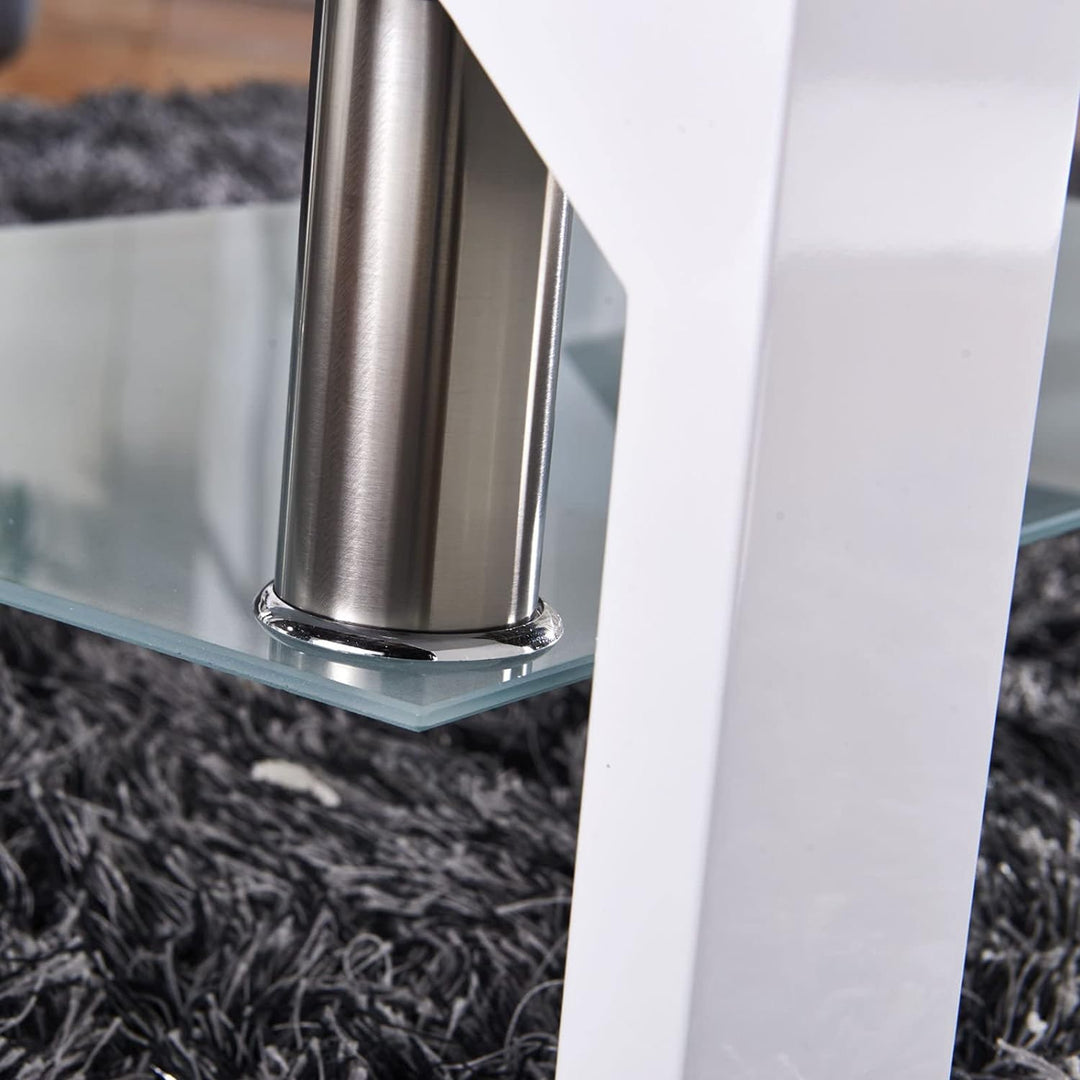 Modern White Glass Coffee Table with Lower Shelf, Metal Legs