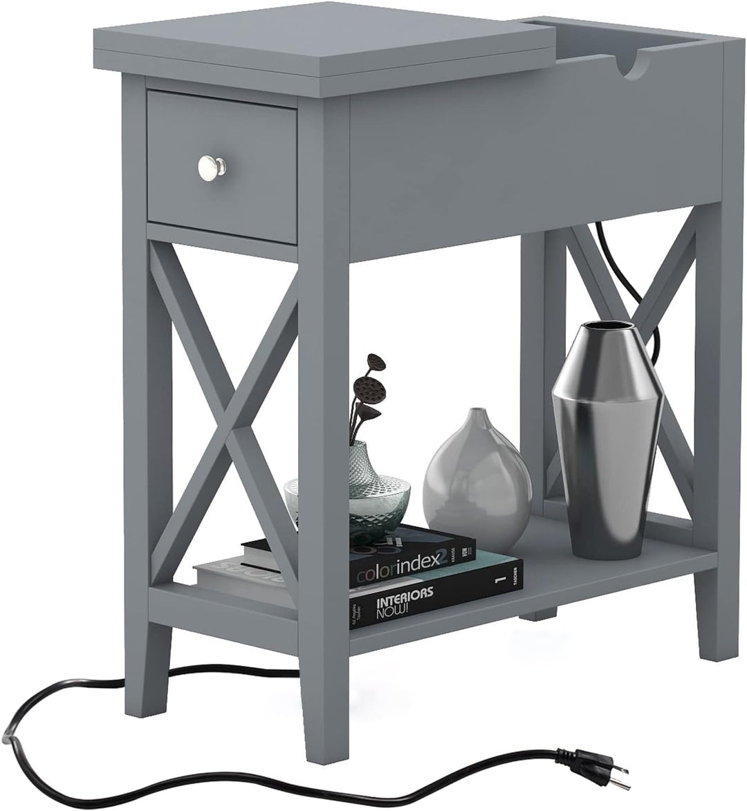 End Table with Charging Station, Narrow Grey