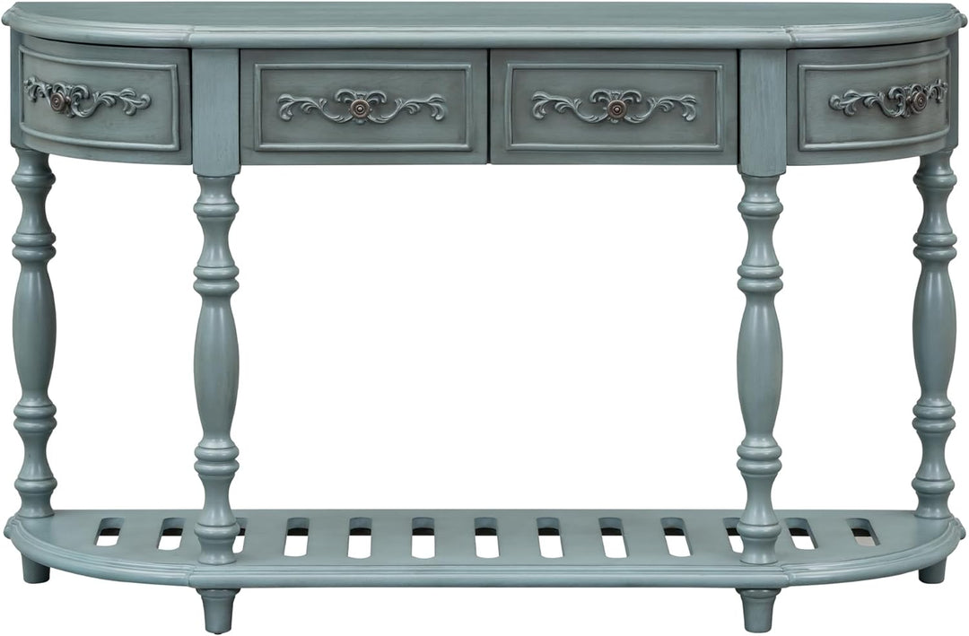 Retro Curved Console Table, Antique Blue