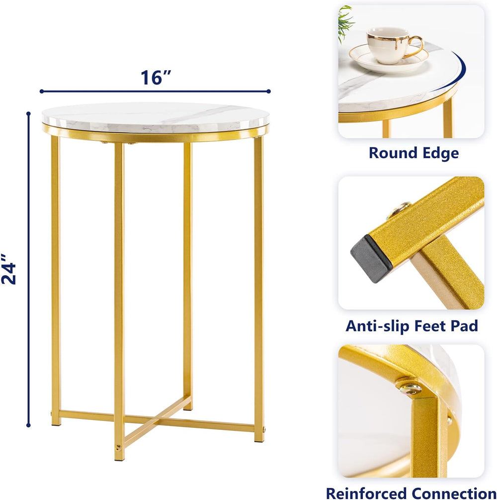 Round End Table, Faux Marble Sofa Table, Accent Side Table with Metal Frame