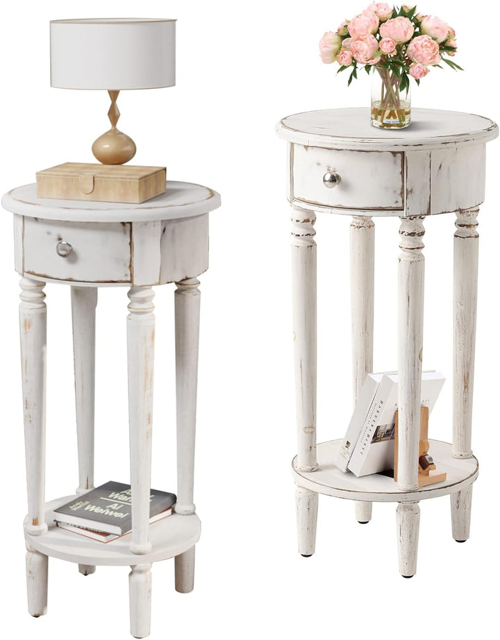 Tall End Table with Drawer Sets of 2, Round Bedside Table with Storage Shelf