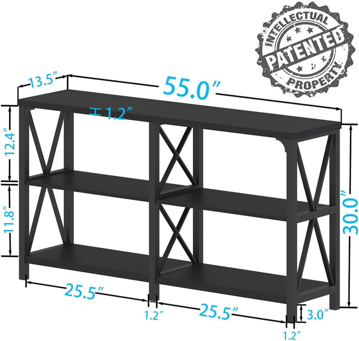 Black Console Table, 3 Tier Shelves, 55 Inch