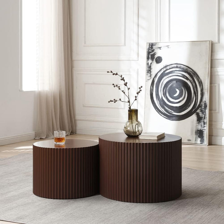 Modern Round Coffee Table Set, Nesting End Tables, Wood Circle