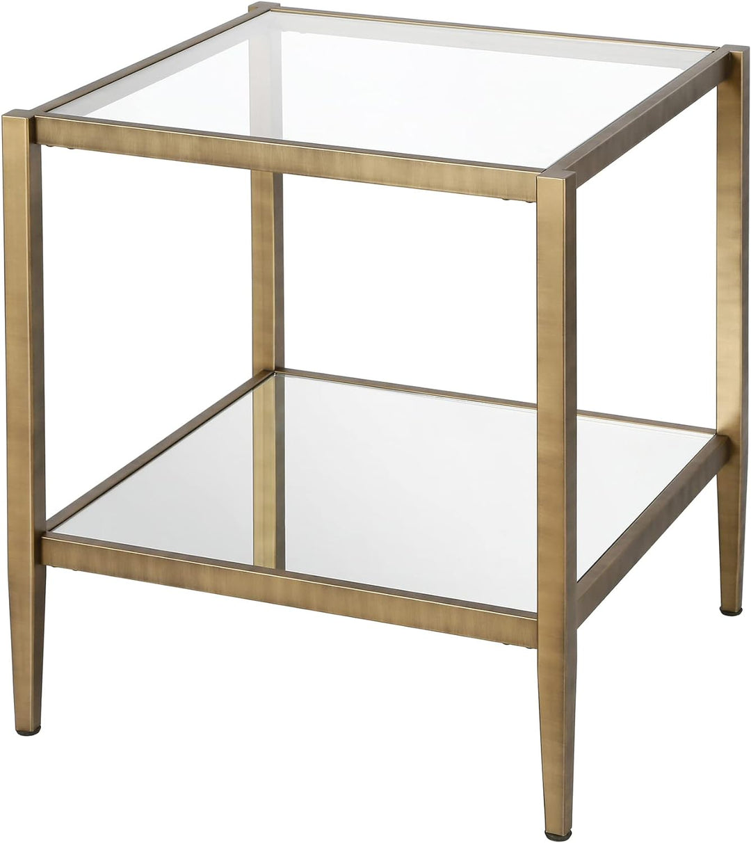 Elegant Square Side Table with Mirror Shelf, Brass Finish