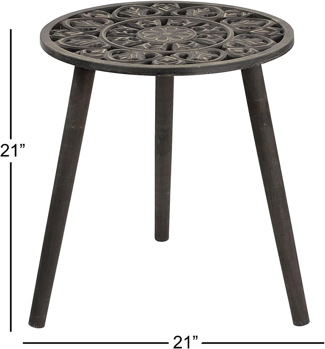 Wood Floral Intricately Carved Accent Table, Black