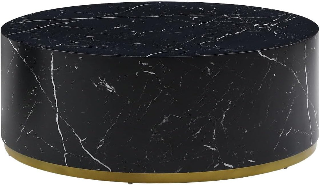 Modern Round Coffee Table with Gold Rim, Wooden Drum Circle