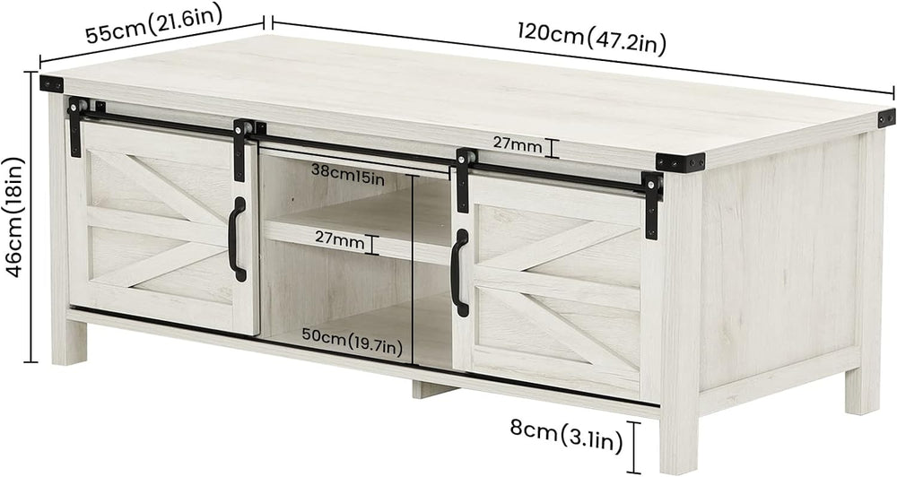 Farmhouse Coffee Table with Hidden Storage, Sliding Barn Doors, Wash White