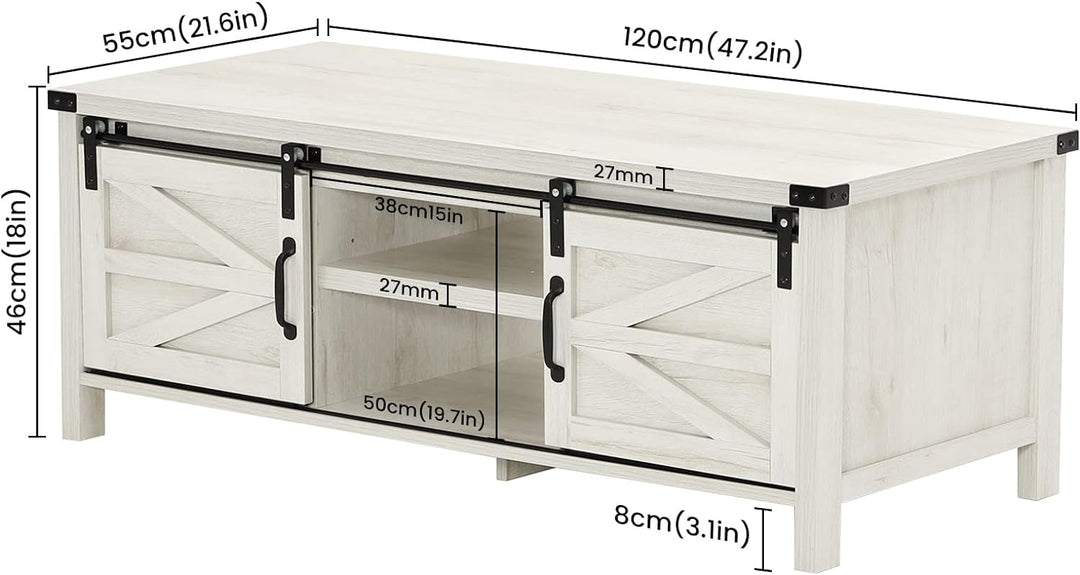 Farmhouse Coffee Table with Hidden Storage, Sliding Barn Doors, Wash White