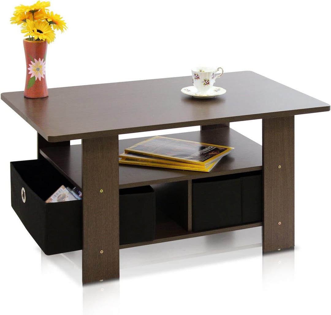 Furinno Coffee Table with Storage Bins, Dark Brown