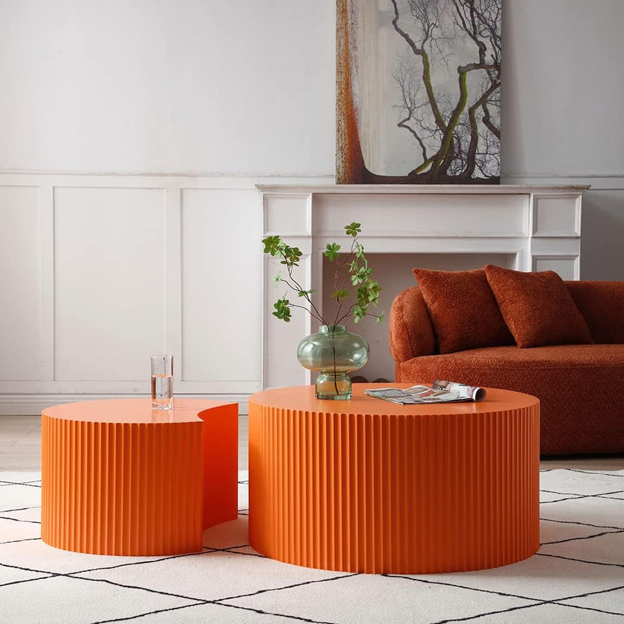 Modern Nesting Coffee Table Set, Round Wooden Drum Tables, Matte Orange