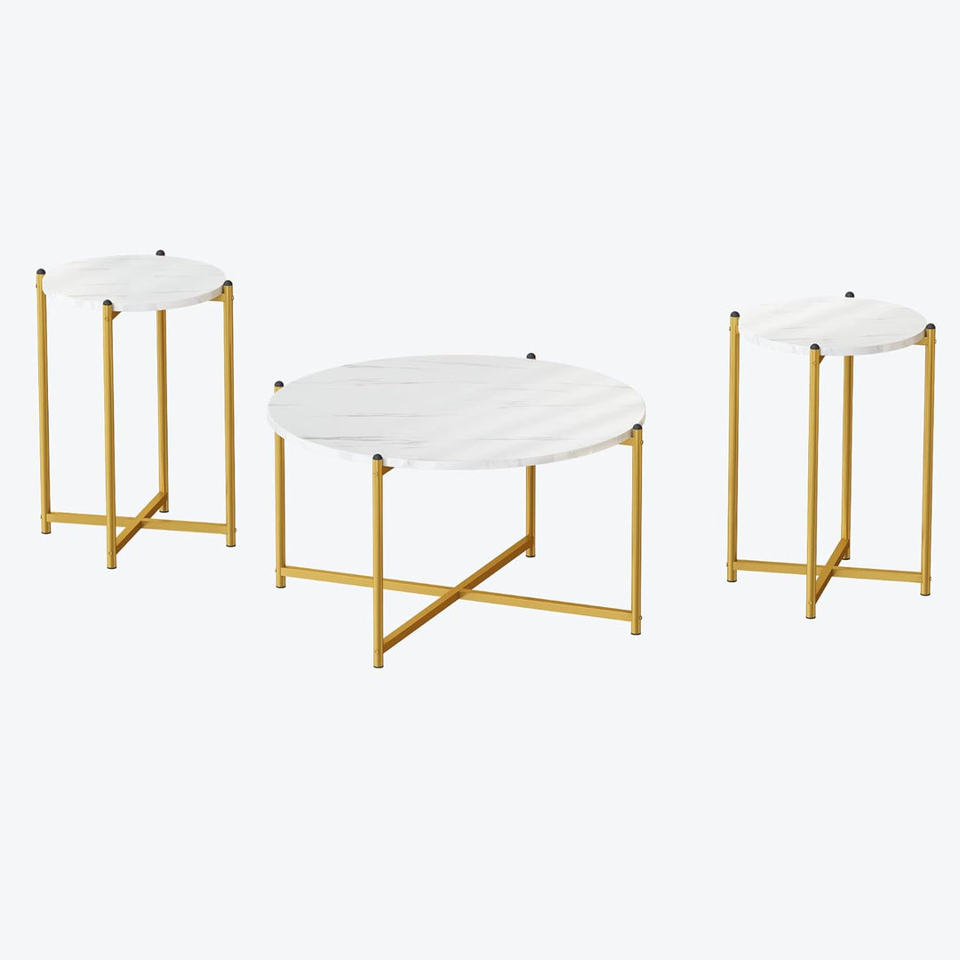 Faux Marble Coffee Table Set, Round Tabletop, Metal Base, White, Gold