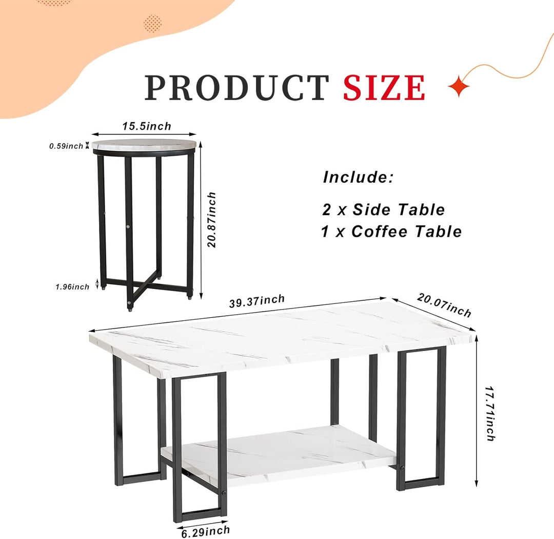 Faux Marble Coffee Table Set with Round End Tables, Metal Frame