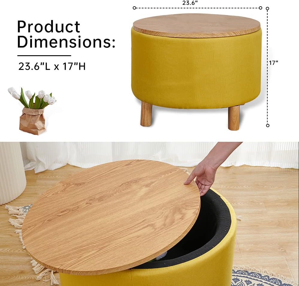 Round Coffee Table with Storage, Multi-Function Ottoman, Natural Color