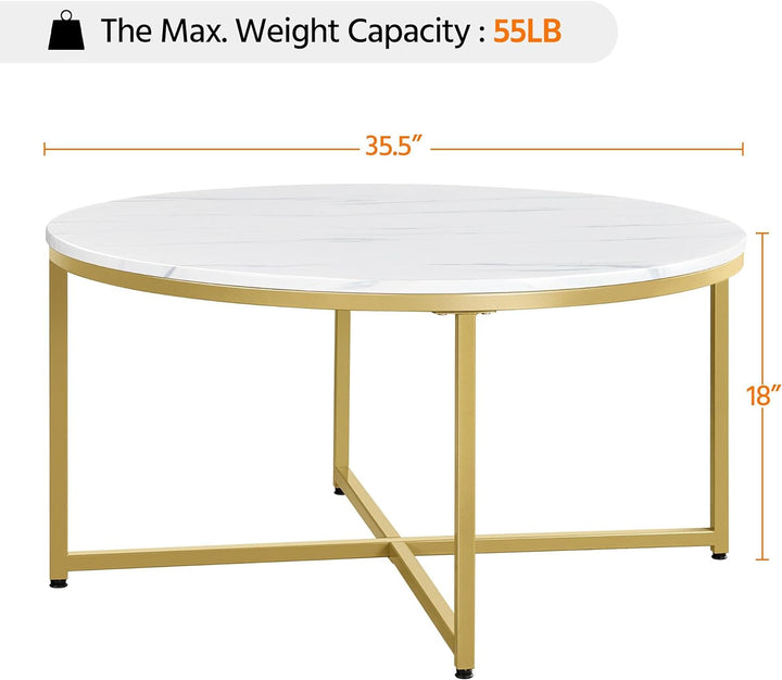 Faux Marble Coffee Table, 35.5-inch Round Center Table, White and Gold