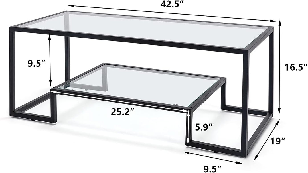 Metal Glass Coffee Table, Black Accent