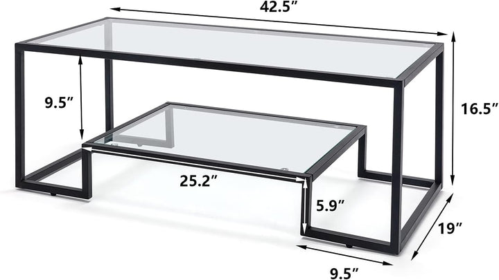 Metal Glass Coffee Table, Black Accent