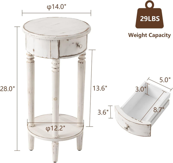 Tall End Table with Drawer Sets of 2, Round Bedside Table with Storage Shelf