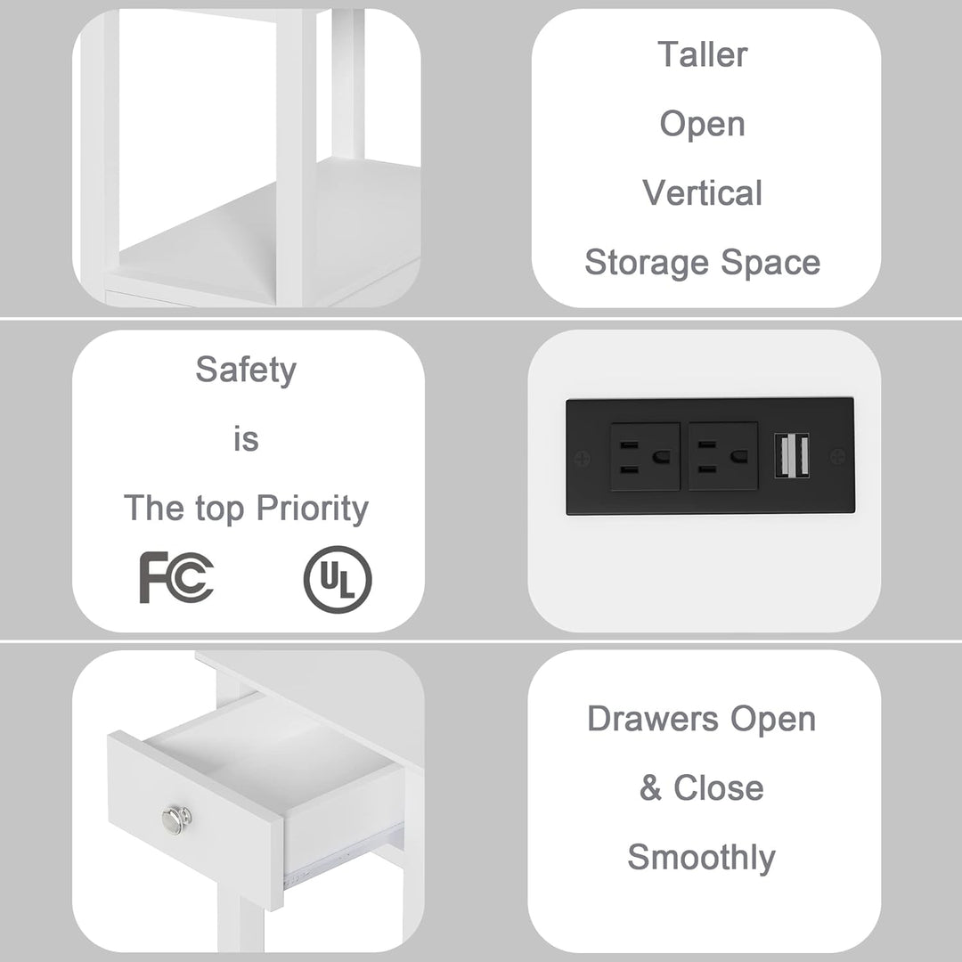 Side Table with Charging Station, 2-Drawer Nightstand