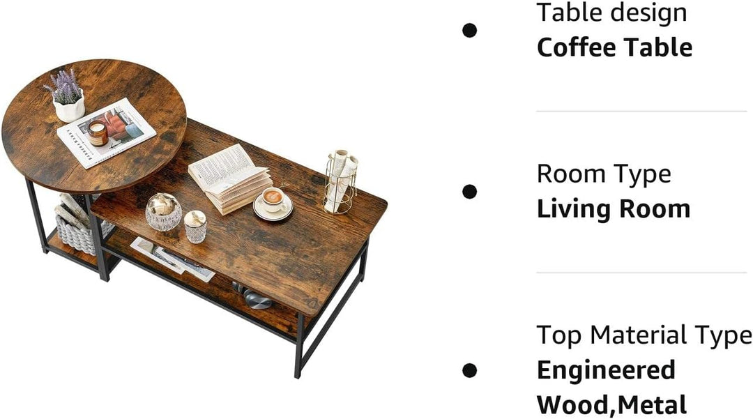 Rustic Farmhouse Coffee Table, Mid-Century Modern 2-in-1 Set, Rustic Brown