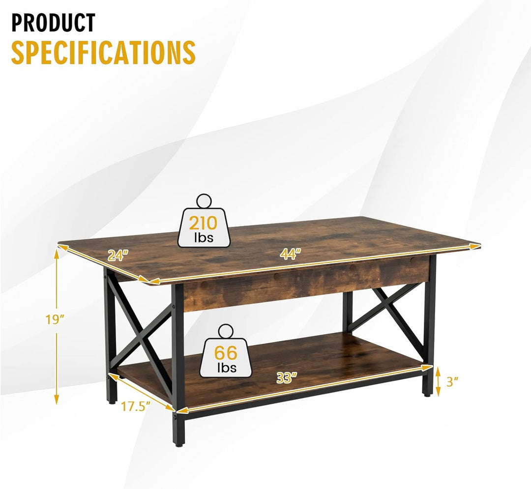 COSTWAY Industrial Coffee Table, 2-Tier Wood Cocktail Tea Table, Rustic Brown