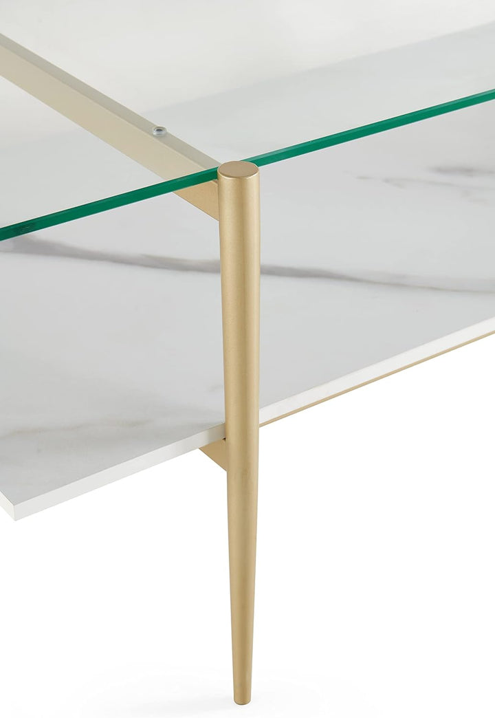 Elegant Glass Coffee Table, Double Layer Design, Gold Frame