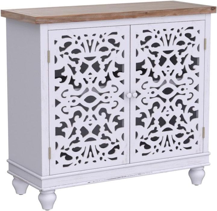 White Sideboard Buffet Cabinet, Hollow-Carved