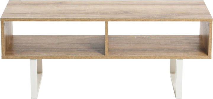 Jamestown TV Stand Coffee Table with Rectangular Storage, Coastal Oak Rustic Wood Grain and White Metal