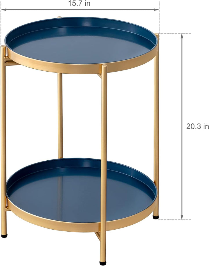 Folding End Table 2-Tier Metal Round Side (GoldBlue)