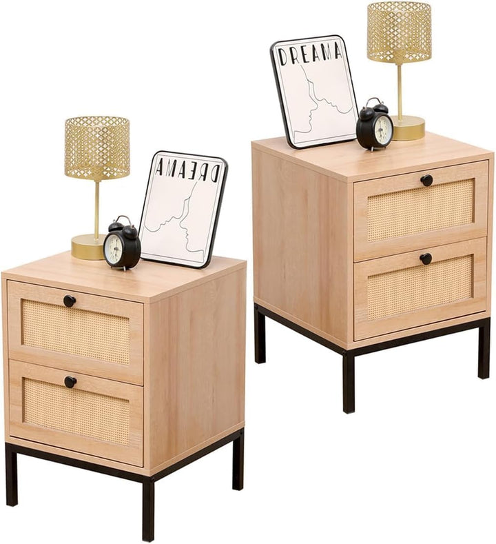 Nightstands Set of 2, Rattan Drawers, Metal Legs