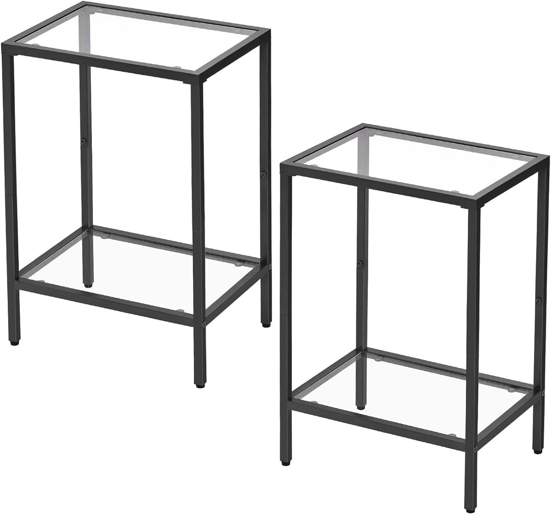 Side Tables Set of 2, Tempered Glass, Storage