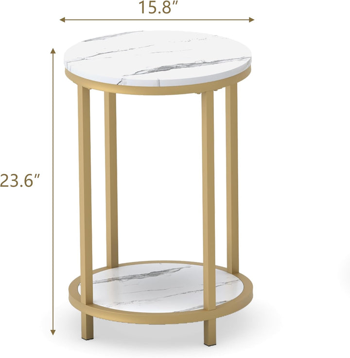 Round Side Table, Modern Nightstand End Table with Gold Metal Frame &Faux Marble Top