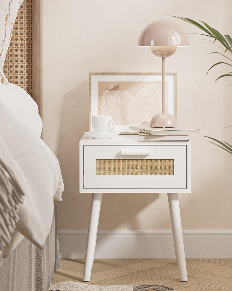 Wooden Nightstands with Rattan Weaving Drawer Storage