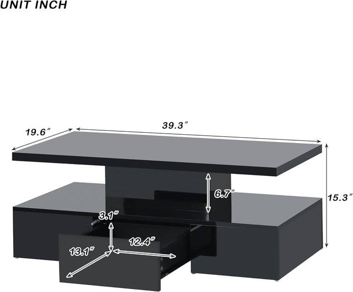 High Glossy Coffee Table with LED Lights, 2-Tier Rectangle Living Room Furniture, Black, 16 Colors