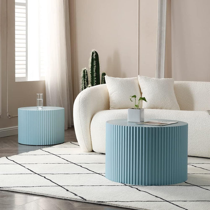 Modern Nesting Coffee Table Set, Round Wood Side Tables, Blue