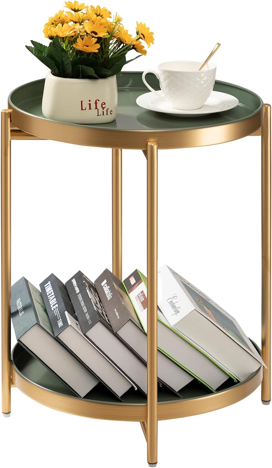 2 Tier Gold Side Table, Folding Round Metal End