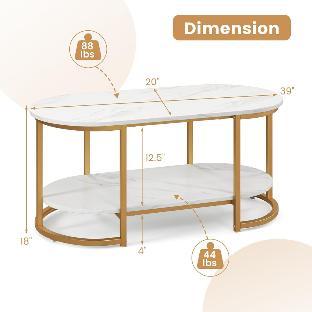 Modern Oval Coffee Table, Faux Marble White & Gold