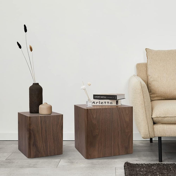 Nesting Coffee Table Set, Modern Square Wood Side Tables, Walnut