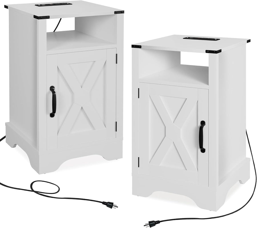 Nightstand Set of 2 with Charging Station, Farmhouse Bedside Table