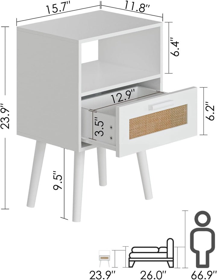 Rattan Nightstand, Wood Accent Table with Storage