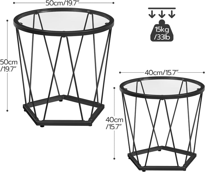 Small Coffee Tables Set, Round Glass Top End Tables, Black