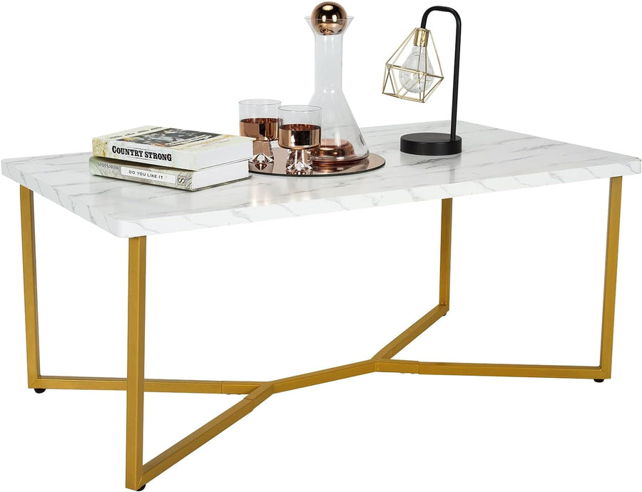 Modern Coffee Table with Faux Marble Top, Golden Legs, White, Golden